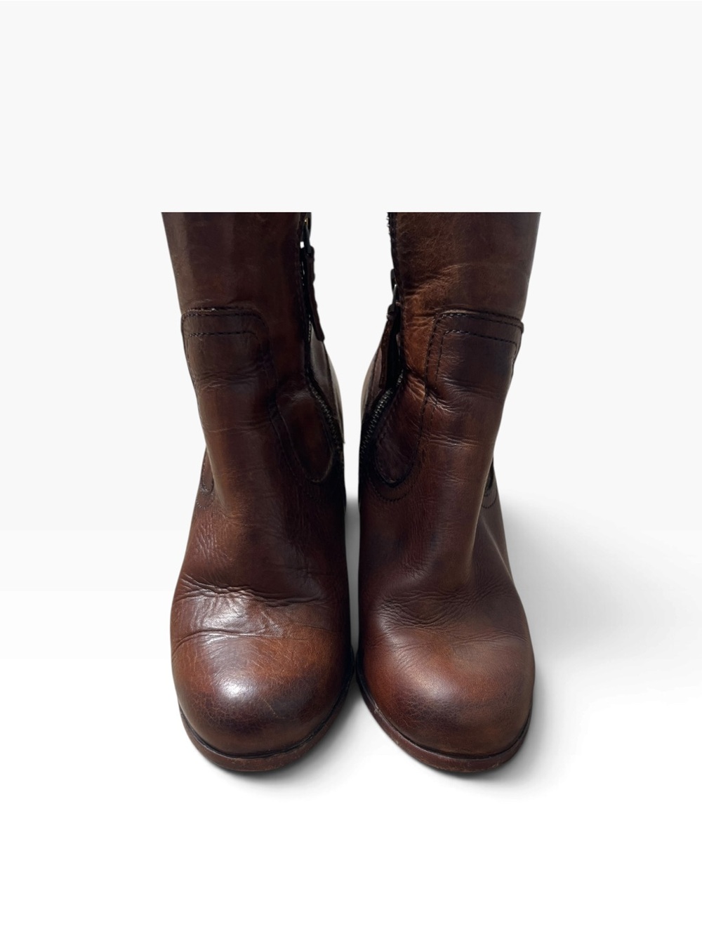 Frye Brown Leather Block Heel Ankle Boots - Picture 8 of 10